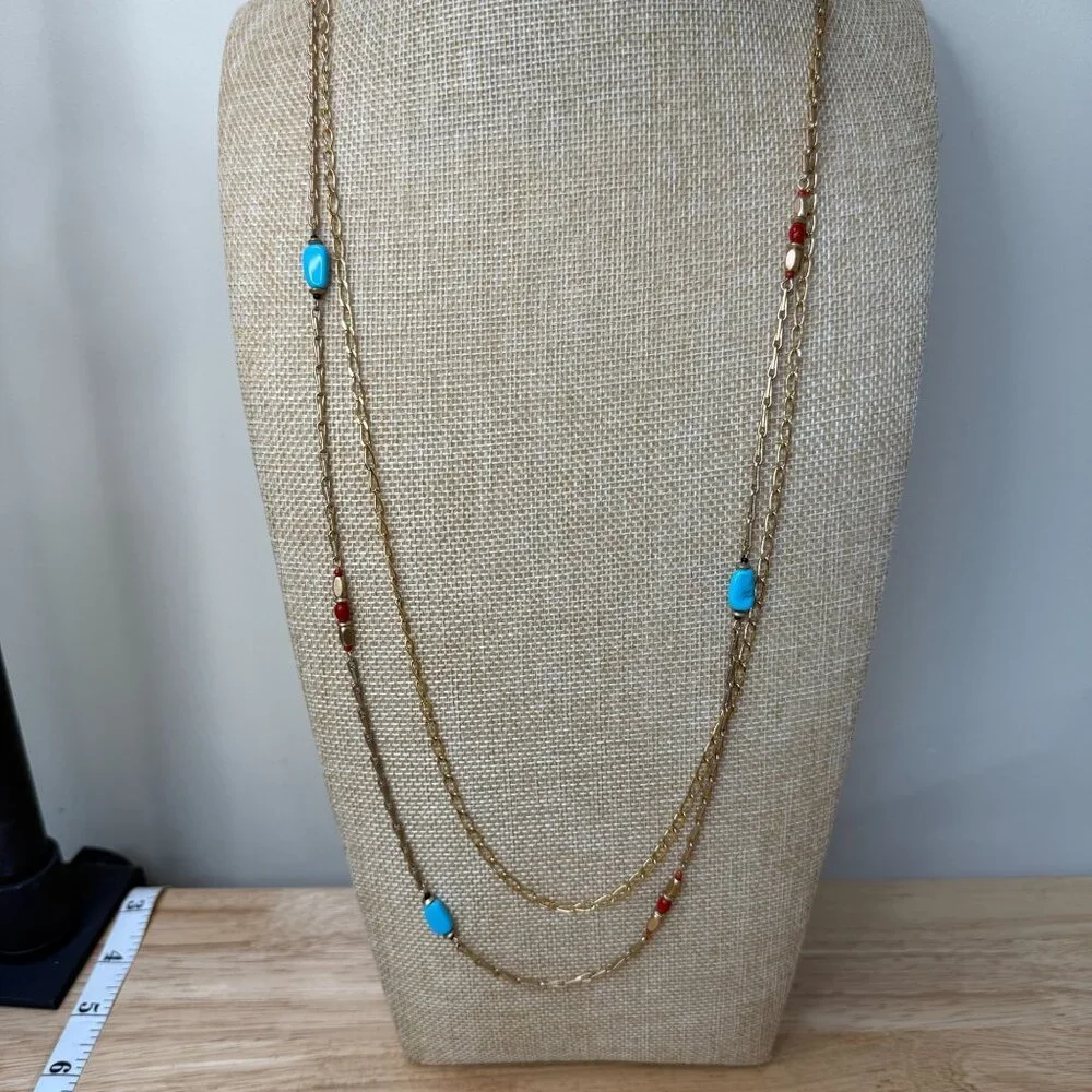 Vintage Avon Gold-Tone Two Necklaces With Faux Turquoise &‎ Coral Beads, Boho